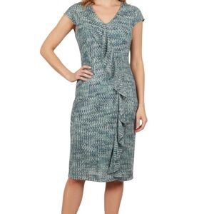 Gabby Skye Teal Chevron Print Faux Wrap Ruffled V-Neck Boho Dress Size 12